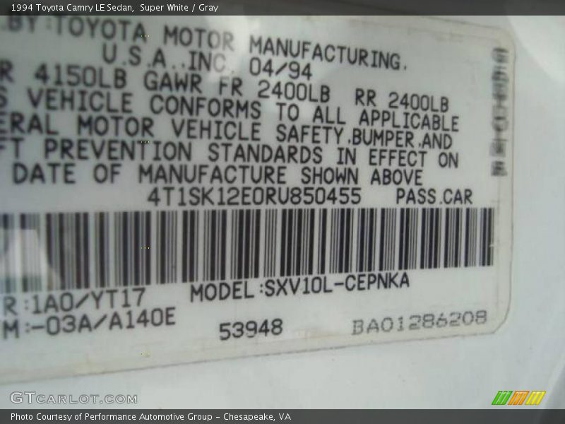 Super White / Gray 1994 Toyota Camry LE Sedan