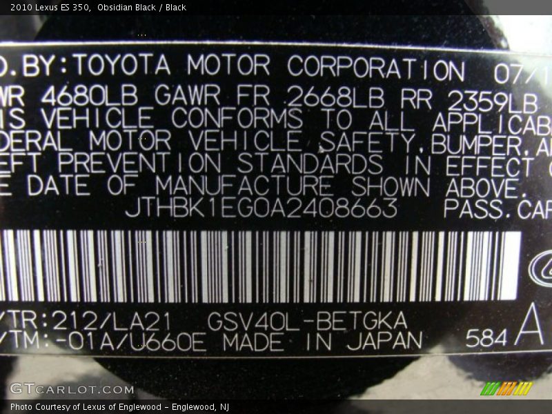 Obsidian Black / Black 2010 Lexus ES 350