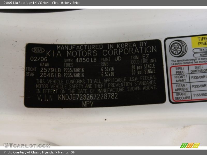 Clear White / Beige 2006 Kia Sportage LX V6 4x4