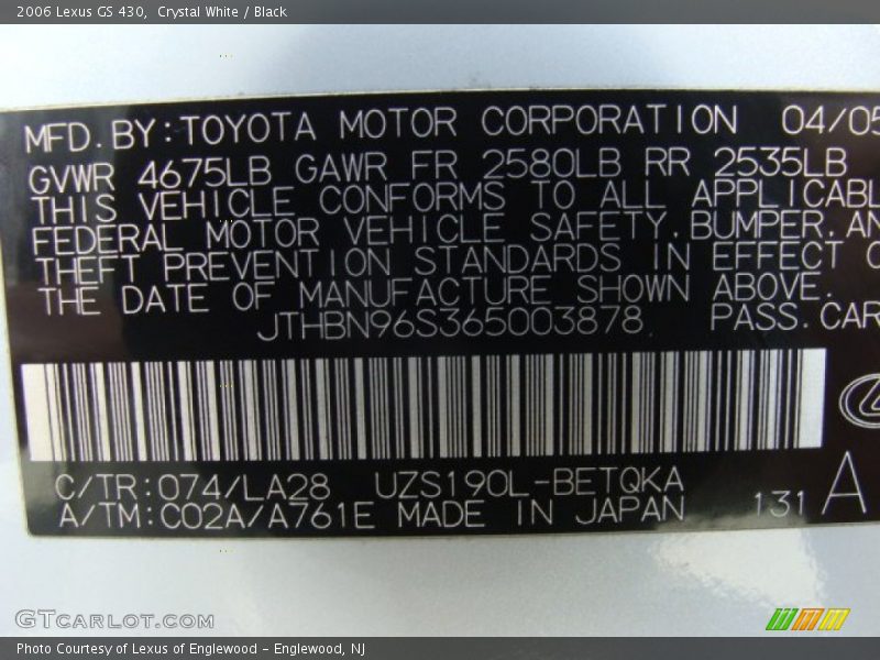 Crystal White / Black 2006 Lexus GS 430