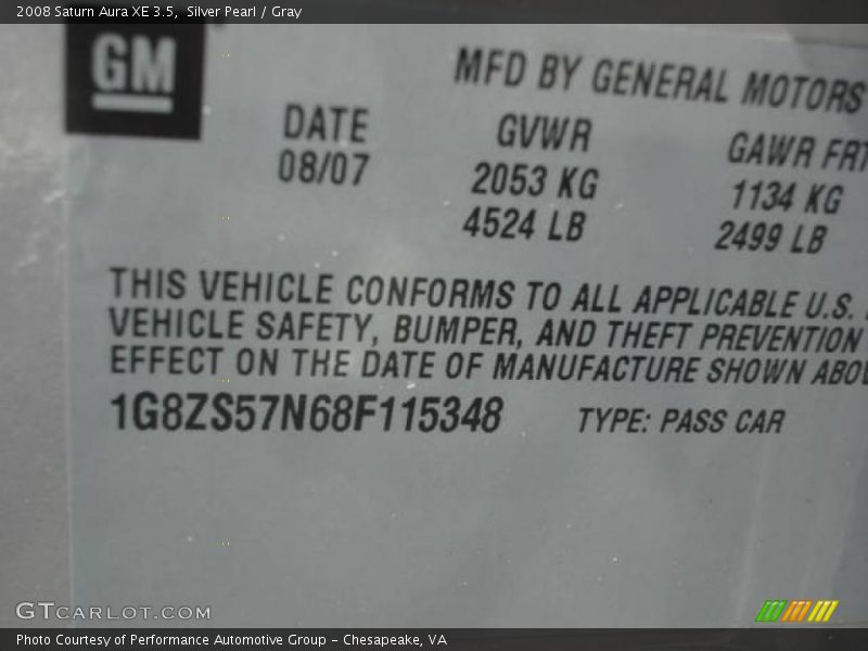 Silver Pearl / Gray 2008 Saturn Aura XE 3.5
