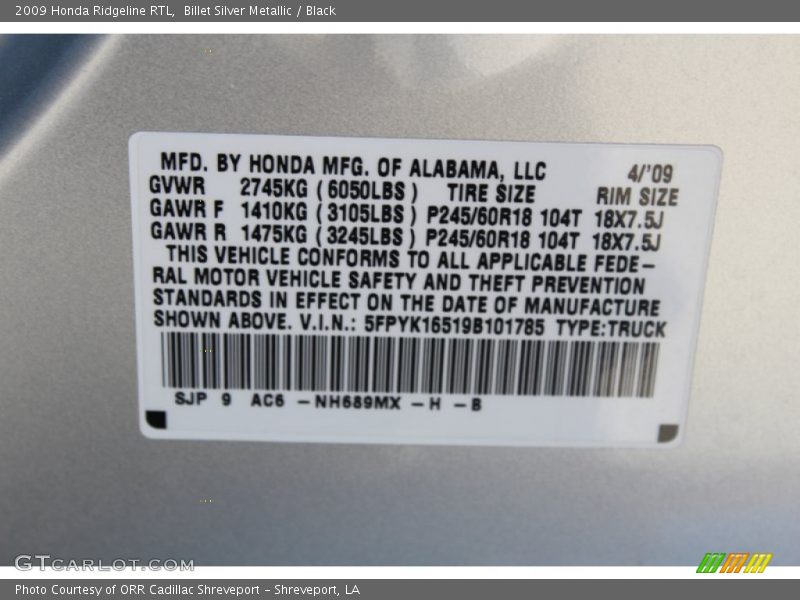 Billet Silver Metallic / Black 2009 Honda Ridgeline RTL
