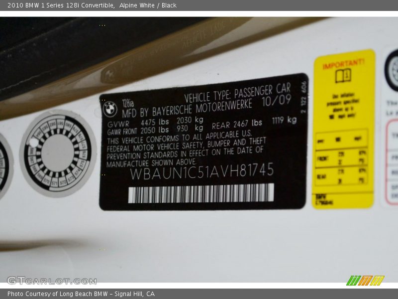 Alpine White / Black 2010 BMW 1 Series 128i Convertible