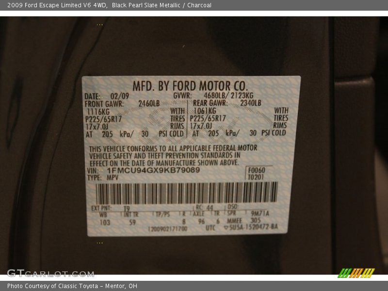 2009 Escape Limited V6 4WD Black Pearl Slate Metallic Color Code T9