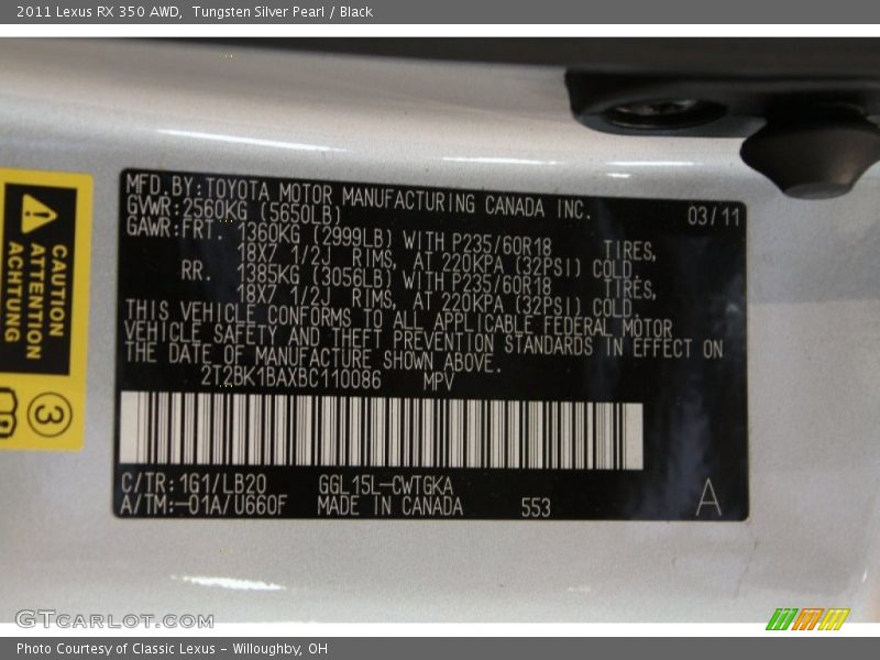 Tungsten Silver Pearl / Black 2011 Lexus RX 350 AWD