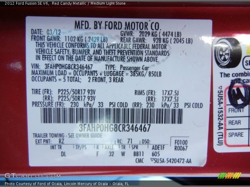 2012 Fusion SE V6 Red Candy Metallic Color Code RZ