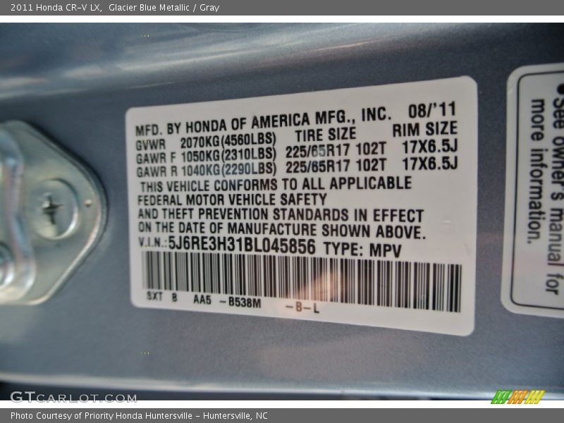 Glacier Blue Metallic / Gray 2011 Honda CR-V LX