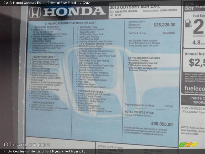 Celestial Blue Metallic / Gray 2013 Honda Odyssey EX-L