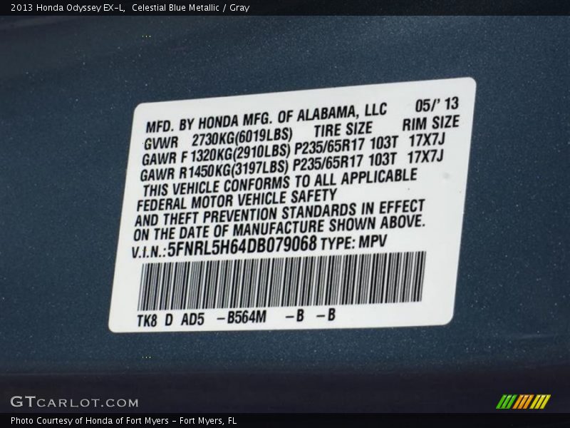 Celestial Blue Metallic / Gray 2013 Honda Odyssey EX-L