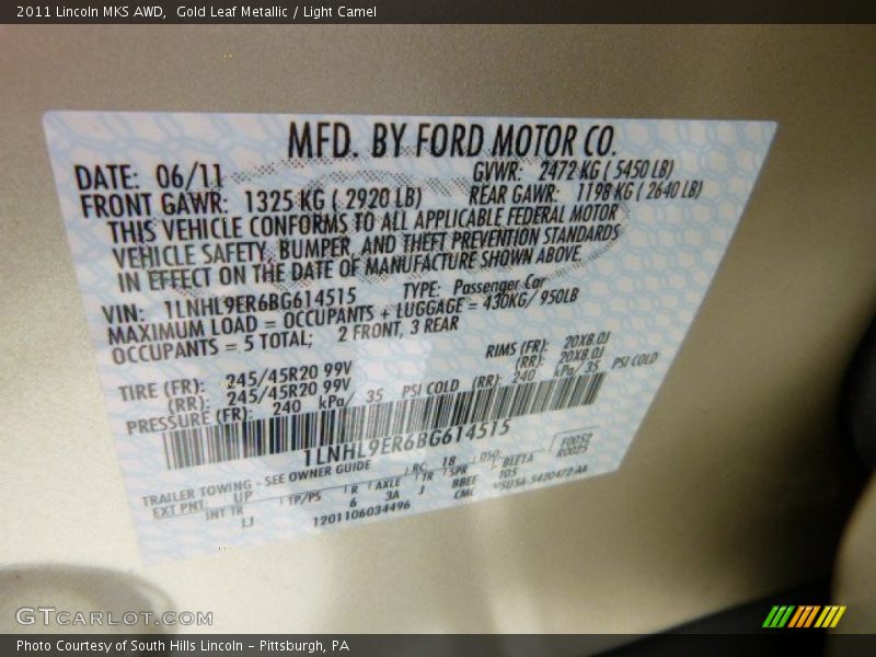 Gold Leaf Metallic / Light Camel 2011 Lincoln MKS AWD