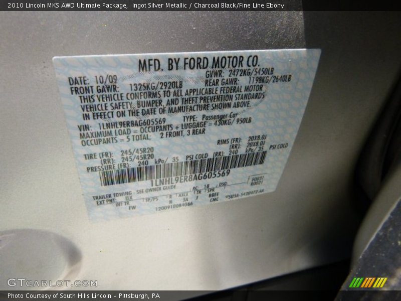 Ingot Silver Metallic / Charcoal Black/Fine Line Ebony 2010 Lincoln MKS AWD Ultimate Package