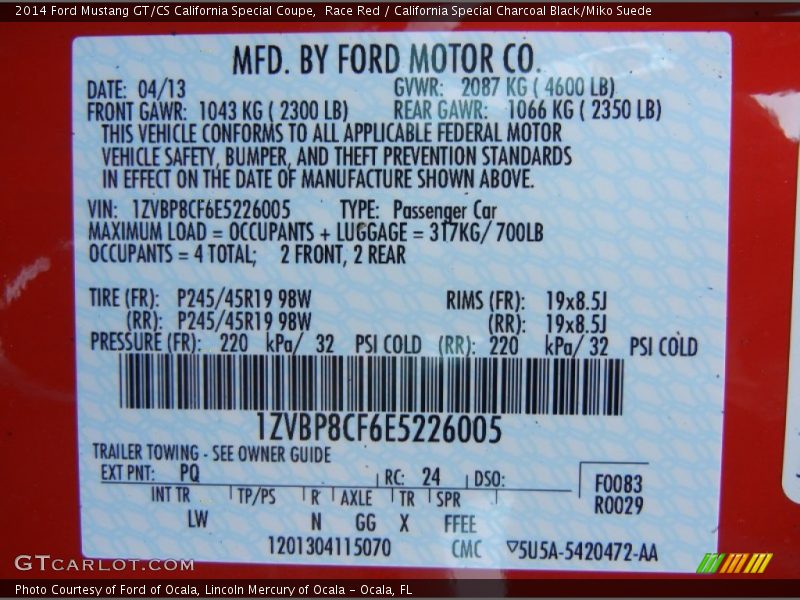 2014 Mustang GT/CS California Special Coupe Race Red Color Code PQ