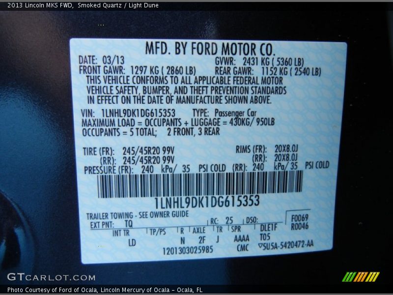 2013 MKS FWD Smoked Quartz Color Code TQ