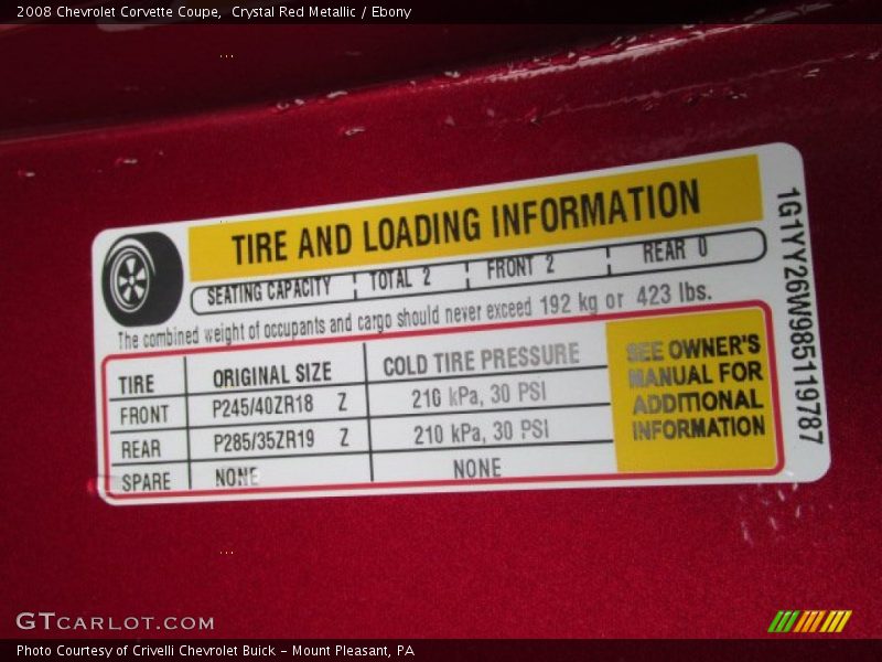 Info Tag of 2008 Corvette Coupe