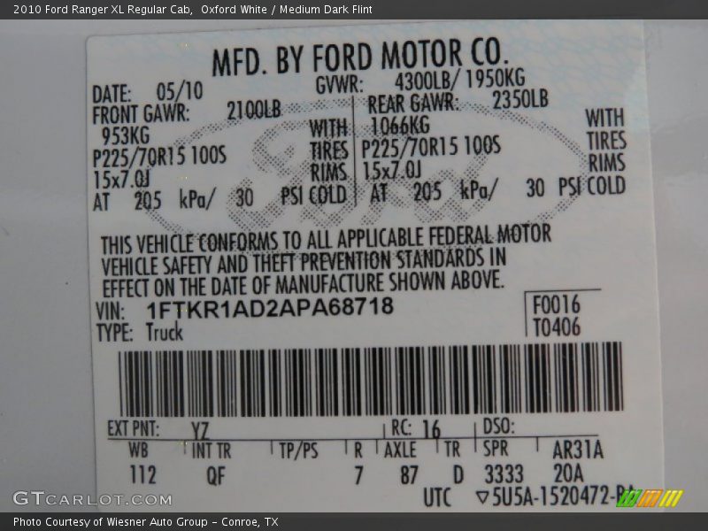 Oxford White / Medium Dark Flint 2010 Ford Ranger XL Regular Cab