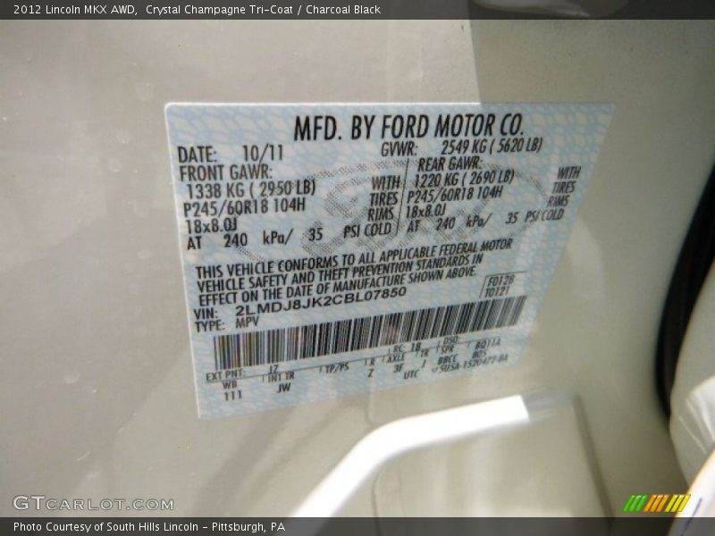 2012 MKX AWD Crystal Champagne Tri-Coat Color Code JZ