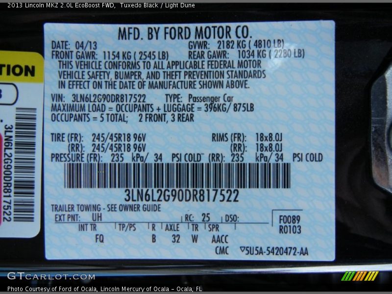 Tuxedo Black / Light Dune 2013 Lincoln MKZ 2.0L EcoBoost FWD