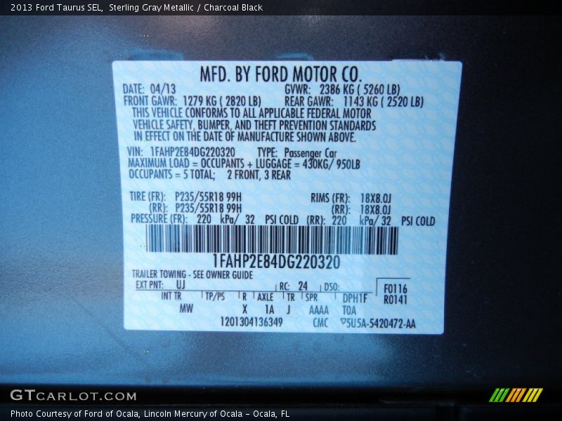 Sterling Gray Metallic / Charcoal Black 2013 Ford Taurus SEL
