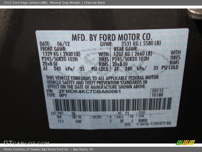 Mineral Gray Metallic / Charcoal Black 2013 Ford Edge Limited AWD