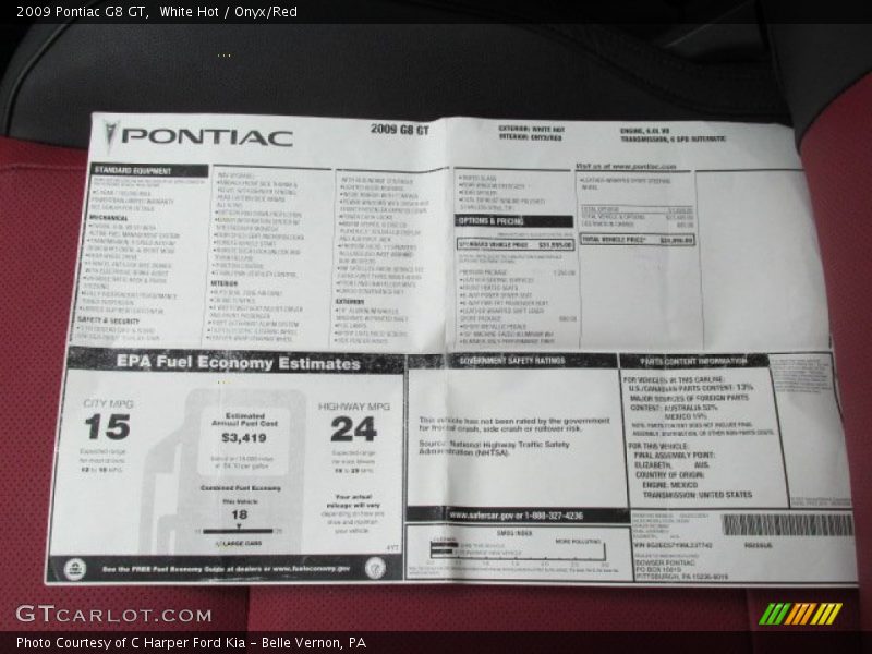  2009 G8 GT Window Sticker