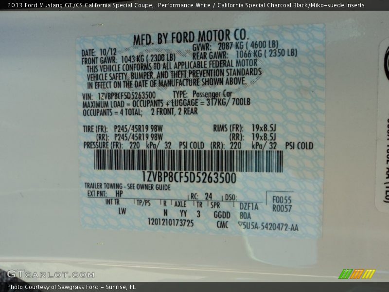 2013 Mustang GT/CS California Special Coupe Performance White Color Code HP