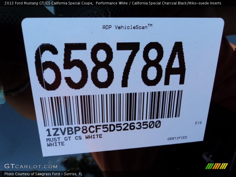 Performance White / California Special Charcoal Black/Miko-suede Inserts 2013 Ford Mustang GT/CS California Special Coupe