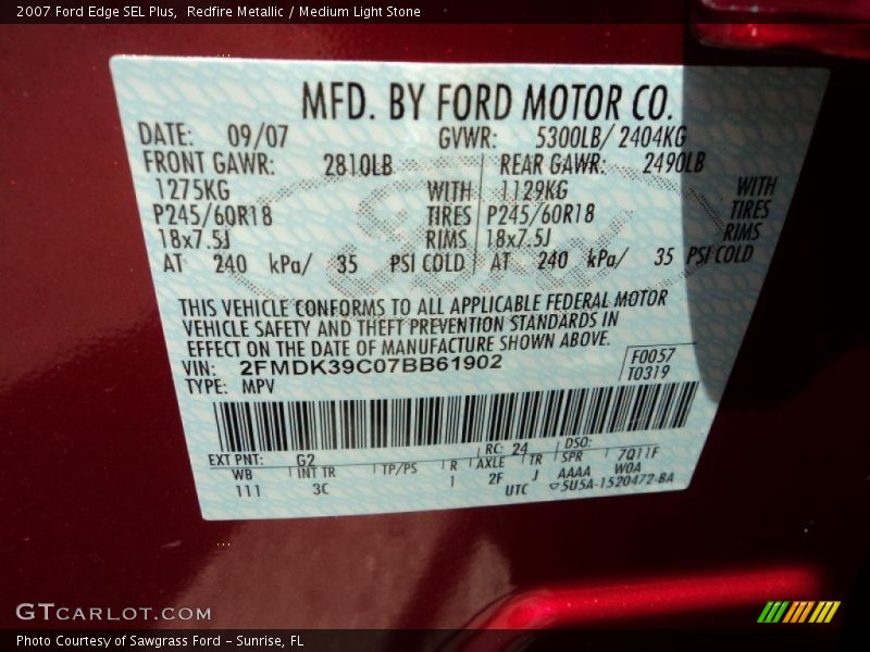 Redfire Metallic / Medium Light Stone 2007 Ford Edge SEL Plus