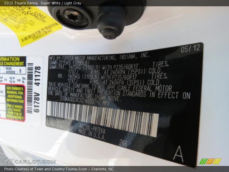 Super White / Light Gray 2012 Toyota Sienna