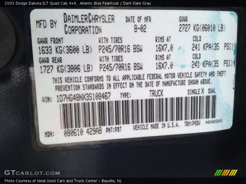 Atlantic Blue Pearlcoat / Dark Slate Gray 2003 Dodge Dakota SLT Quad Cab 4x4