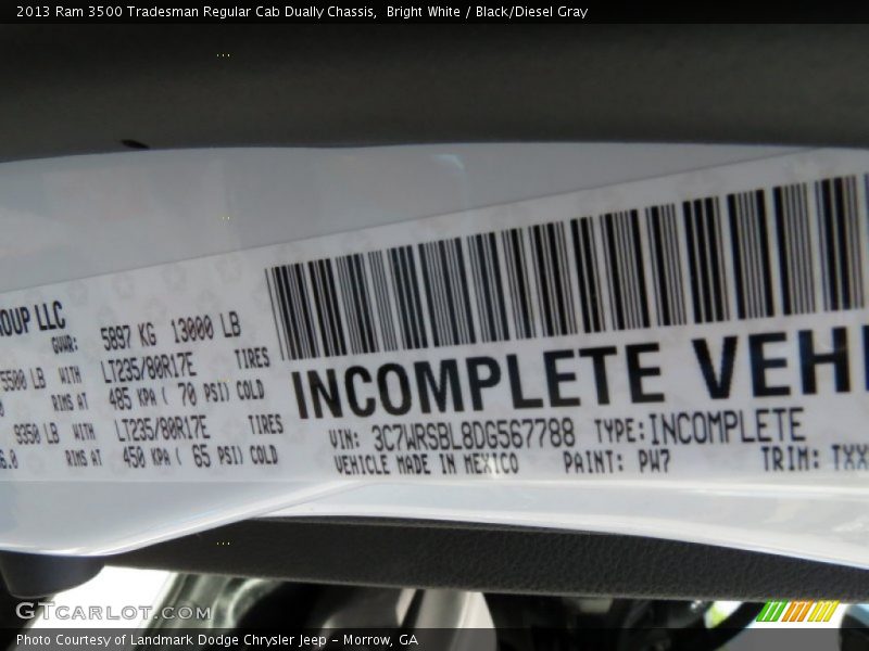 Bright White / Black/Diesel Gray 2013 Ram 3500 Tradesman Regular Cab Dually Chassis