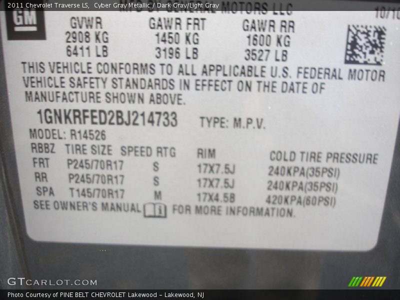 Cyber Gray Metallic / Dark Gray/Light Gray 2011 Chevrolet Traverse LS