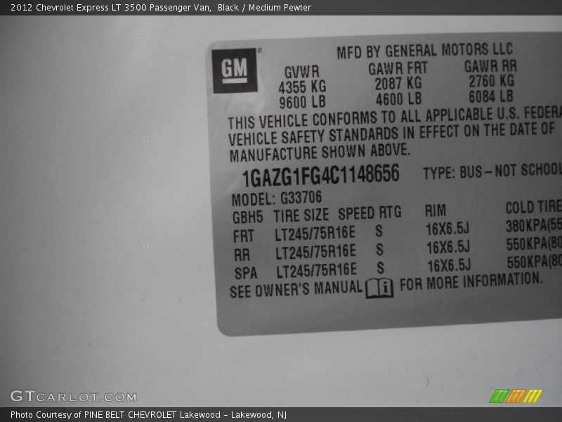 Black / Medium Pewter 2012 Chevrolet Express LT 3500 Passenger Van