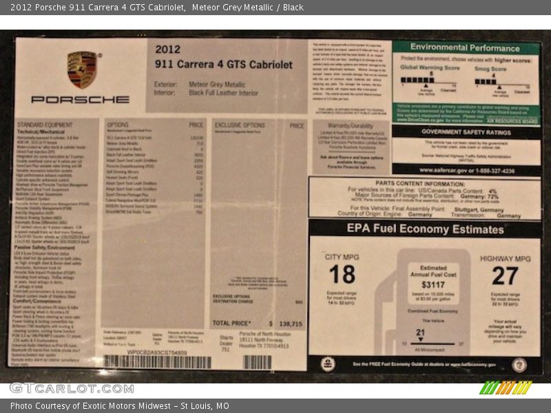  2012 911 Carrera 4 GTS Cabriolet Window Sticker