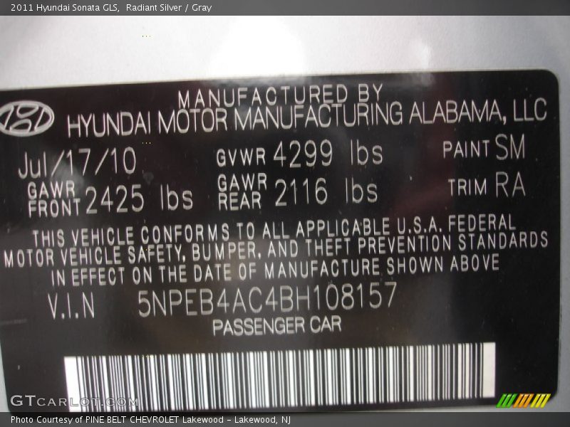 Radiant Silver / Gray 2011 Hyundai Sonata GLS