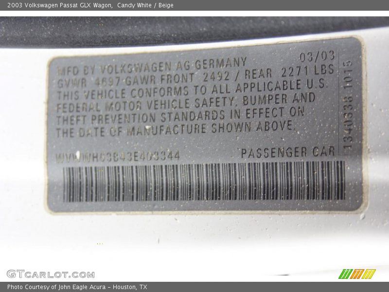 Candy White / Beige 2003 Volkswagen Passat GLX Wagon