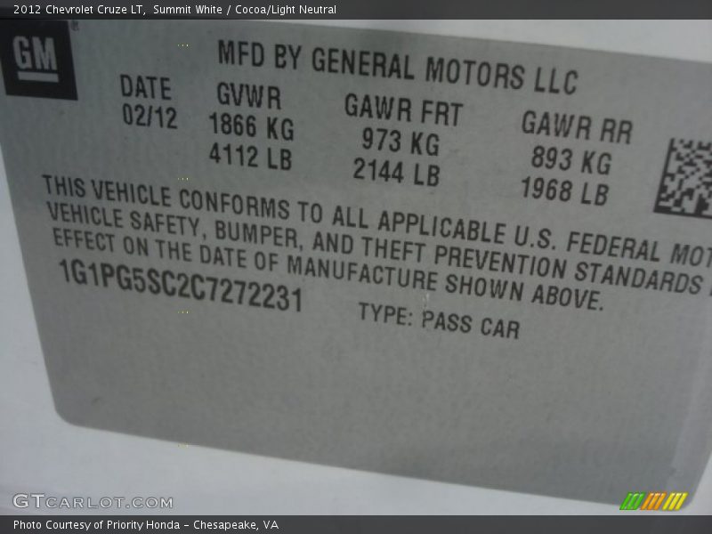 Summit White / Cocoa/Light Neutral 2012 Chevrolet Cruze LT