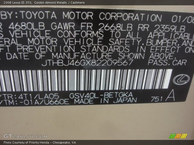 2008 ES 350 Golden Almond Metallic Color Code 4T1