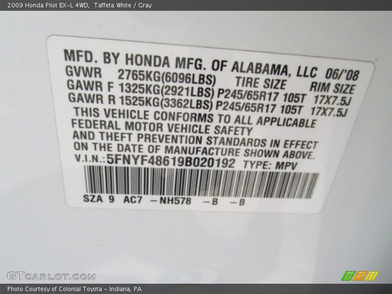 Taffeta White / Gray 2009 Honda Pilot EX-L 4WD