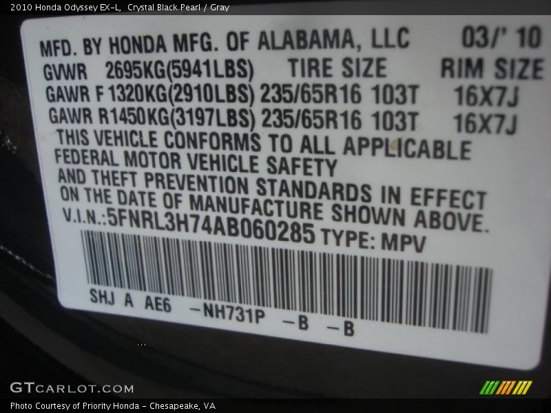 Crystal Black Pearl / Gray 2010 Honda Odyssey EX-L