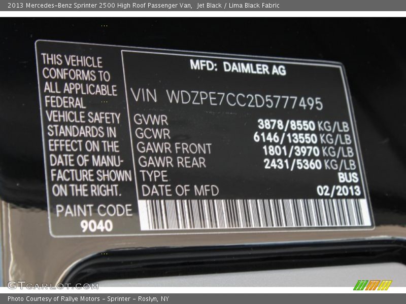 Jet Black / Lima Black Fabric 2013 Mercedes-Benz Sprinter 2500 High Roof Passenger Van