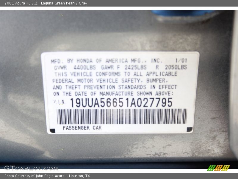 Laguna Green Pearl / Gray 2001 Acura TL 3.2