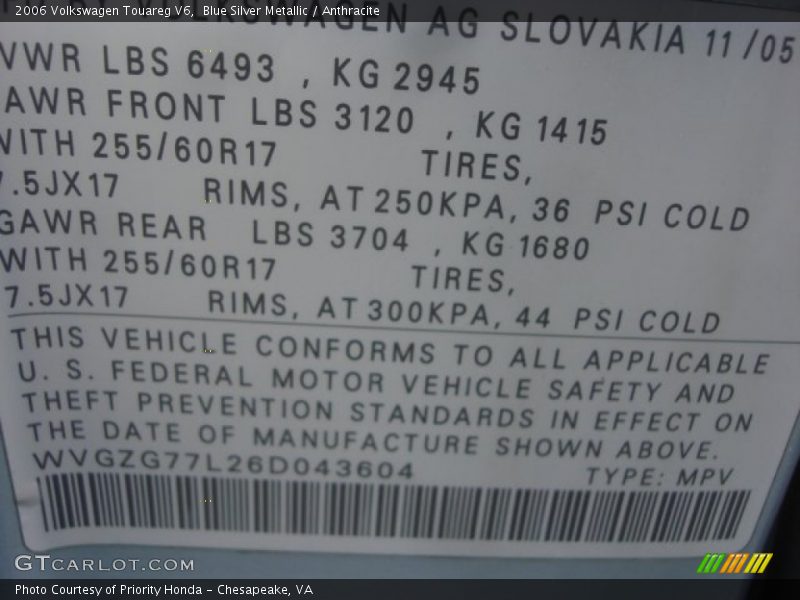 Blue Silver Metallic / Anthracite 2006 Volkswagen Touareg V6