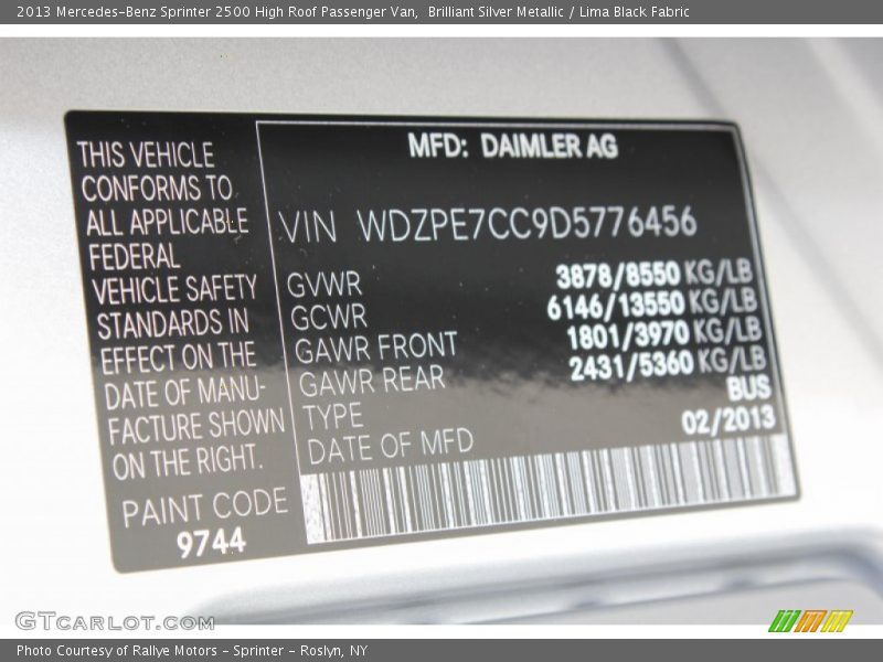 Brilliant Silver Metallic / Lima Black Fabric 2013 Mercedes-Benz Sprinter 2500 High Roof Passenger Van