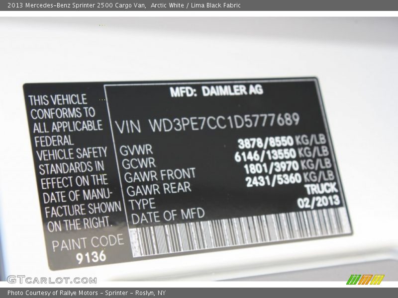 Arctic White / Lima Black Fabric 2013 Mercedes-Benz Sprinter 2500 Cargo Van