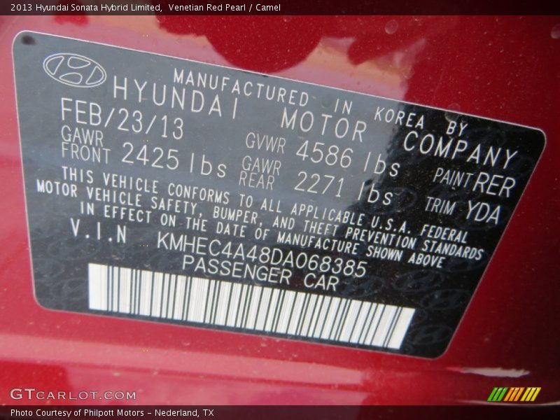 2013 Sonata Hybrid Limited Venetian Red Pearl Color Code RER