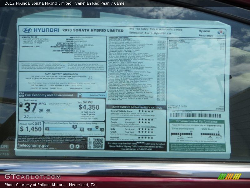  2013 Sonata Hybrid Limited Window Sticker