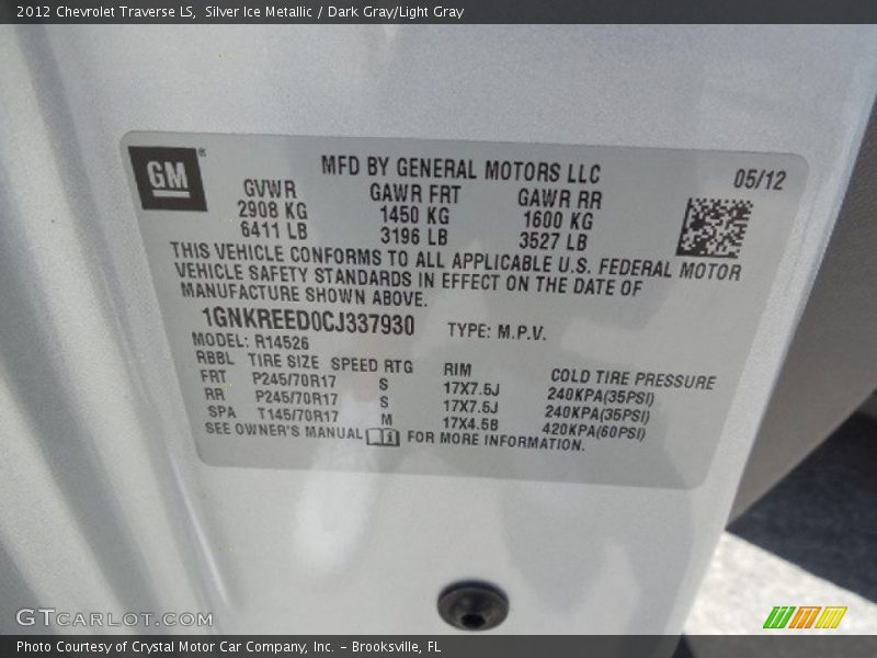 Silver Ice Metallic / Dark Gray/Light Gray 2012 Chevrolet Traverse LS
