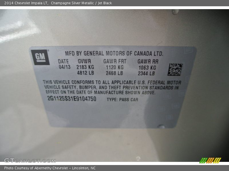Info Tag of 2014 Impala LT