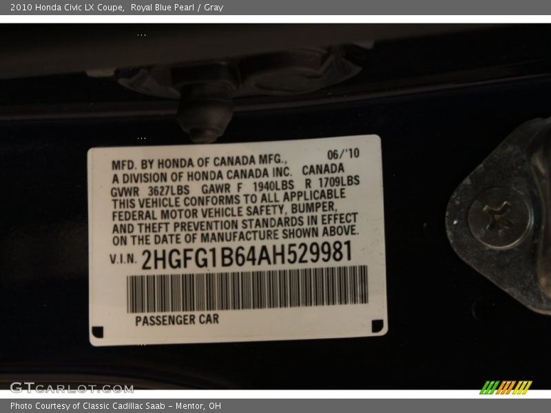 Royal Blue Pearl / Gray 2010 Honda Civic LX Coupe