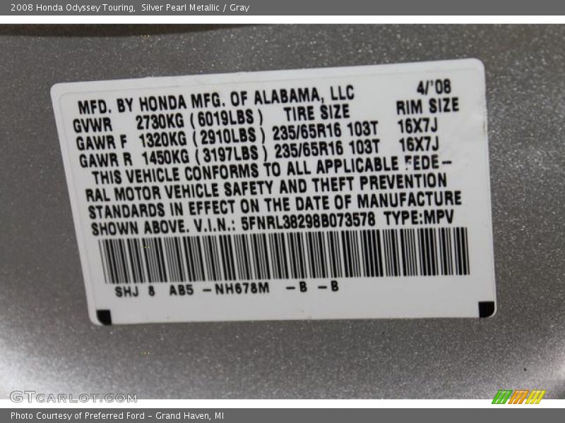 Silver Pearl Metallic / Gray 2008 Honda Odyssey Touring